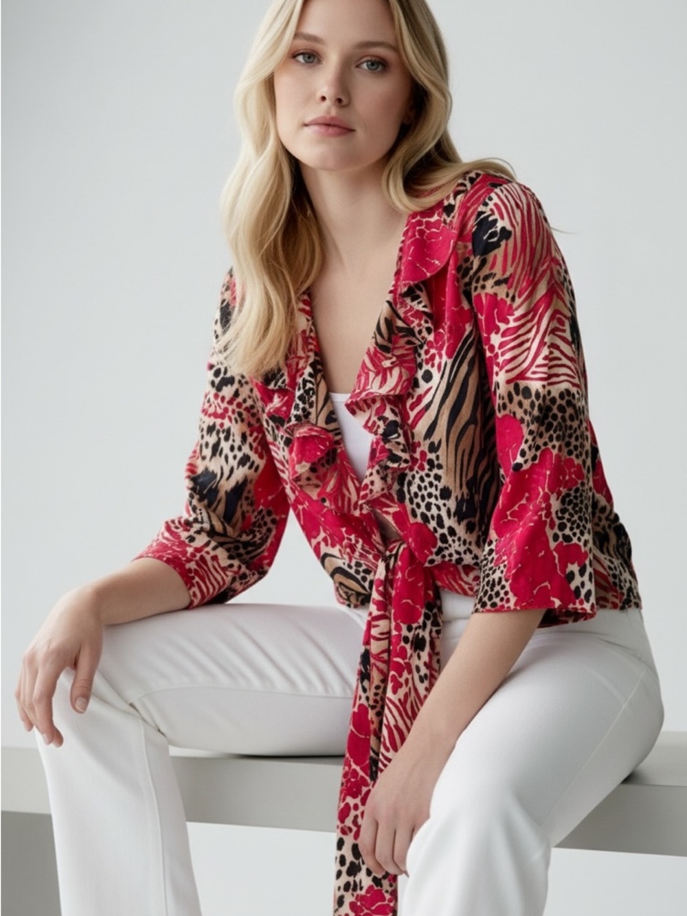 Mishca Animal Print Blouse Front Tie Ruffle Neckline Relaxed 3/4 Sleeve
